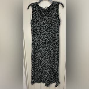Rabbit Designs Black Green Floral Vintage Y2K Prairie Maxi Dress side slits 12P